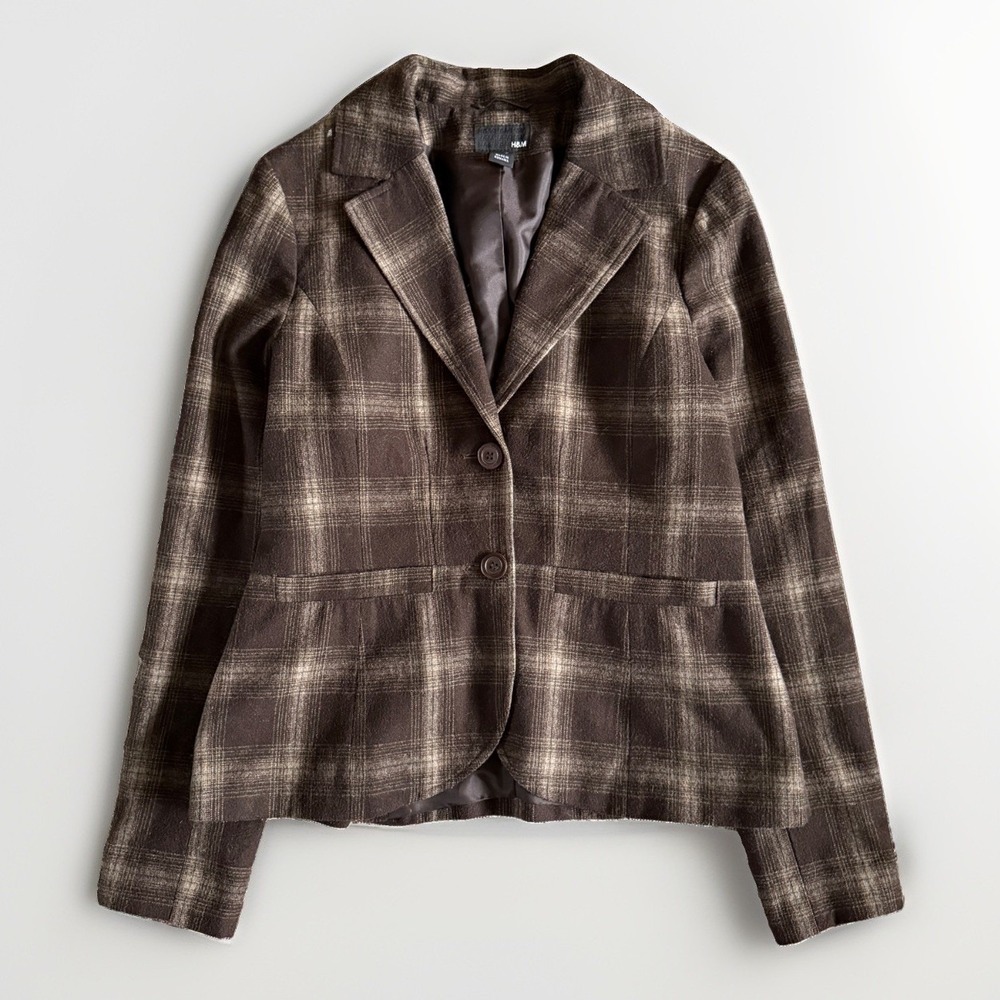 H&M Chocolate Brown Plaid Wool Blend Fitted Blazer 10 M Dark Academia Prep Y2K